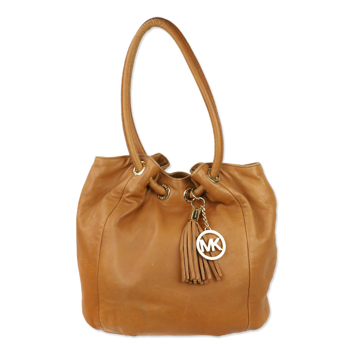 Michael Kors Brown Leather Tassel Ring Handle Bucket Tote