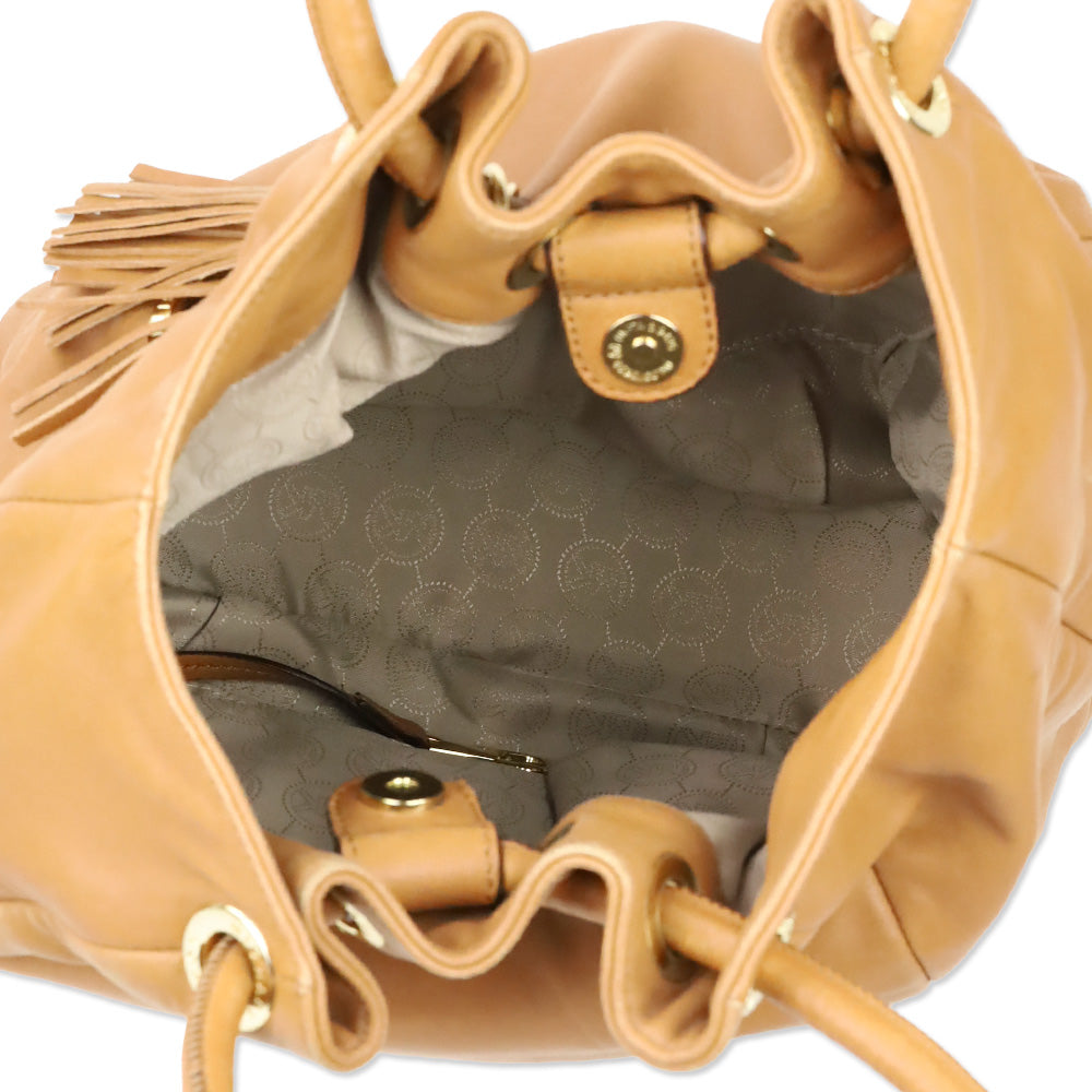 Michael Kors Brown Leather Tassel Ring Handle Bucket Tote