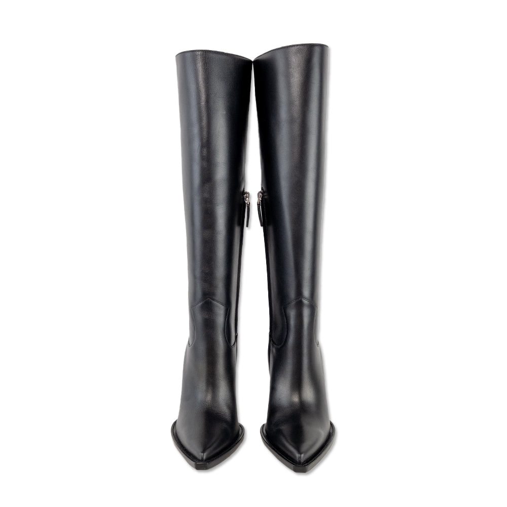 Michael Kors Collection Gwen Runway Black Leather Knee High Cowboy Boots