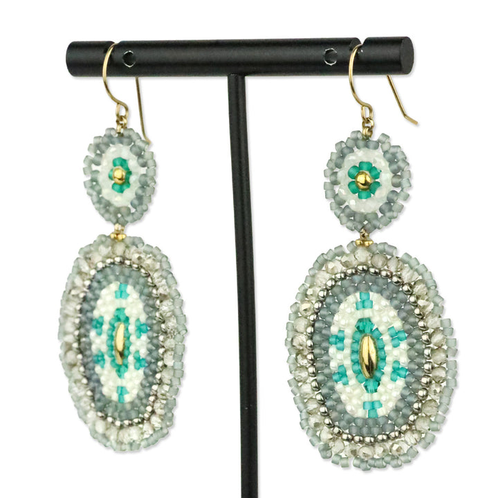 Miguel Ases Grey and Teal Crystal Beaded Double Circle Earrings