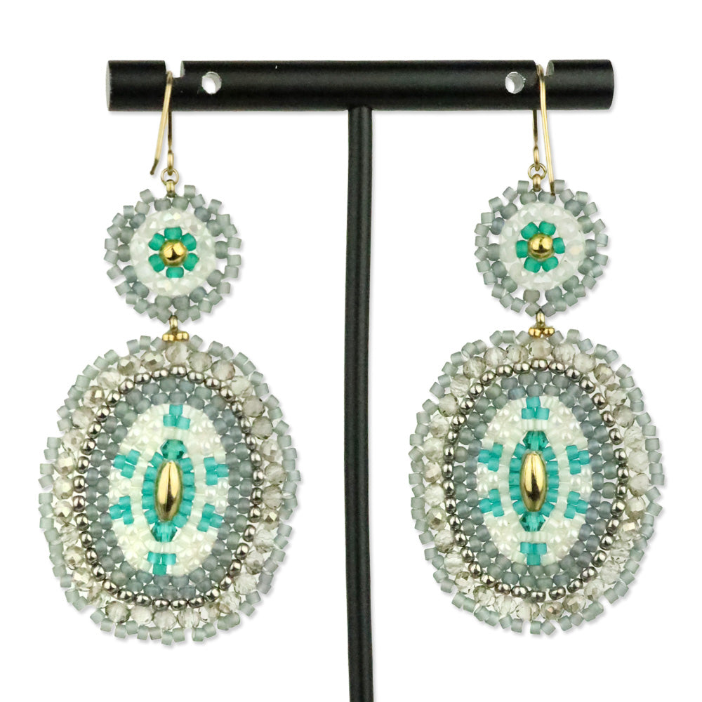Miguel Ases Grey and Teal Crystal Beaded Double Circle Earrings