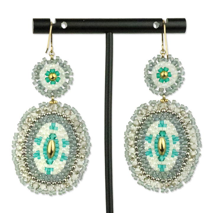 Miguel Ases Grey and Teal Crystal Beaded Double Circle Earrings