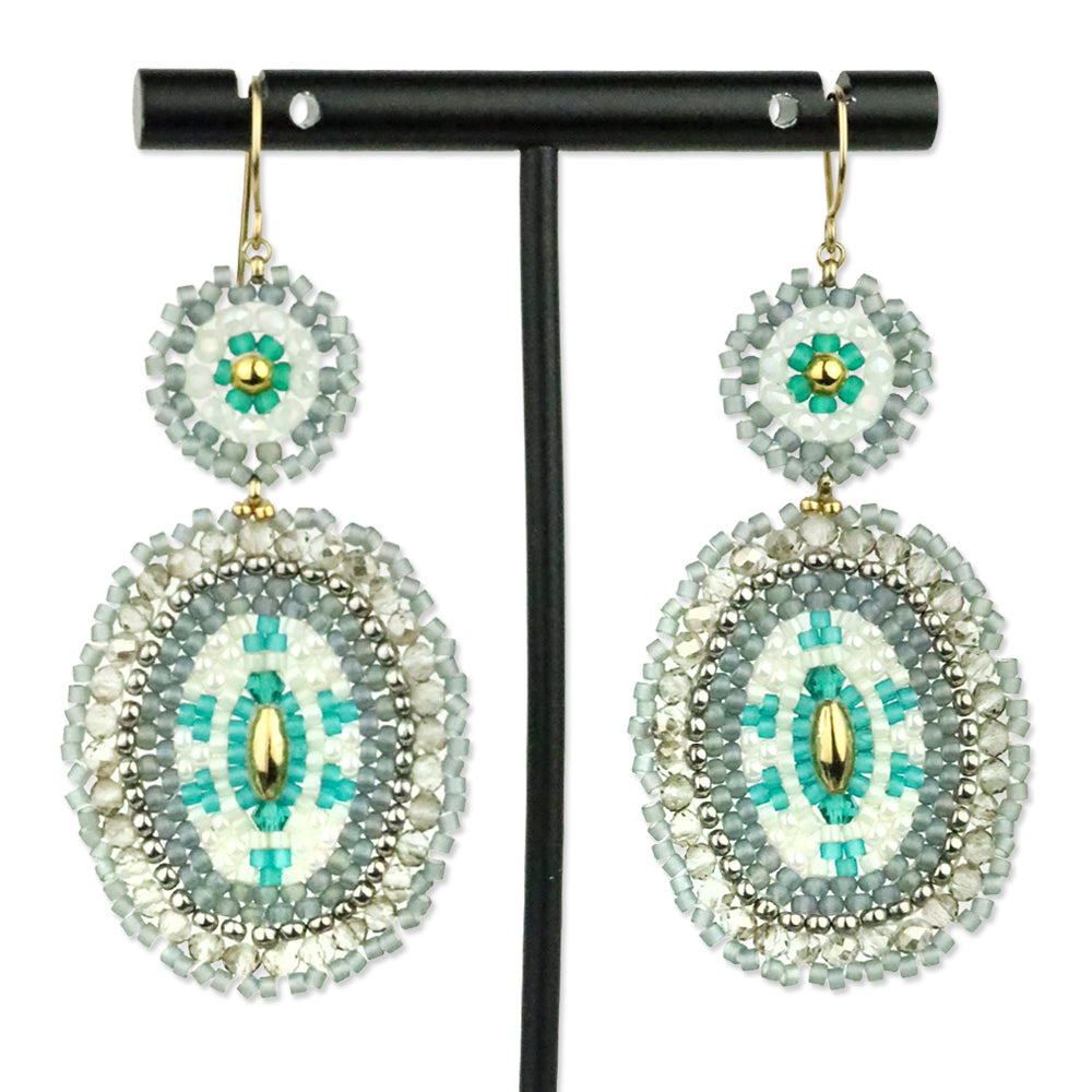 Miguel Ases Grey and Teal Crystal Beaded Double Circle Earrings