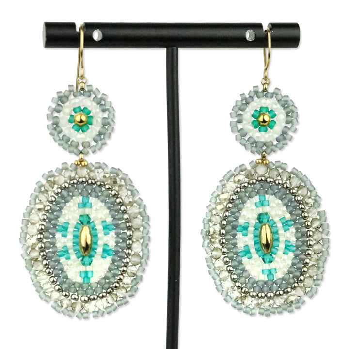 Miguel Ases Grey and Teal Crystal Beaded Double Circle Earrings