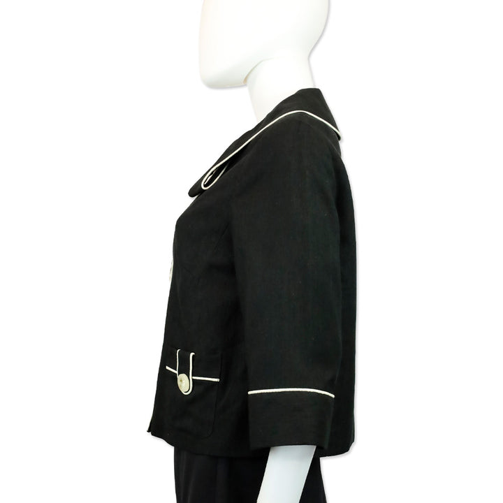 Milly Black Silk White Piping Trim Button Cropped Jacket
