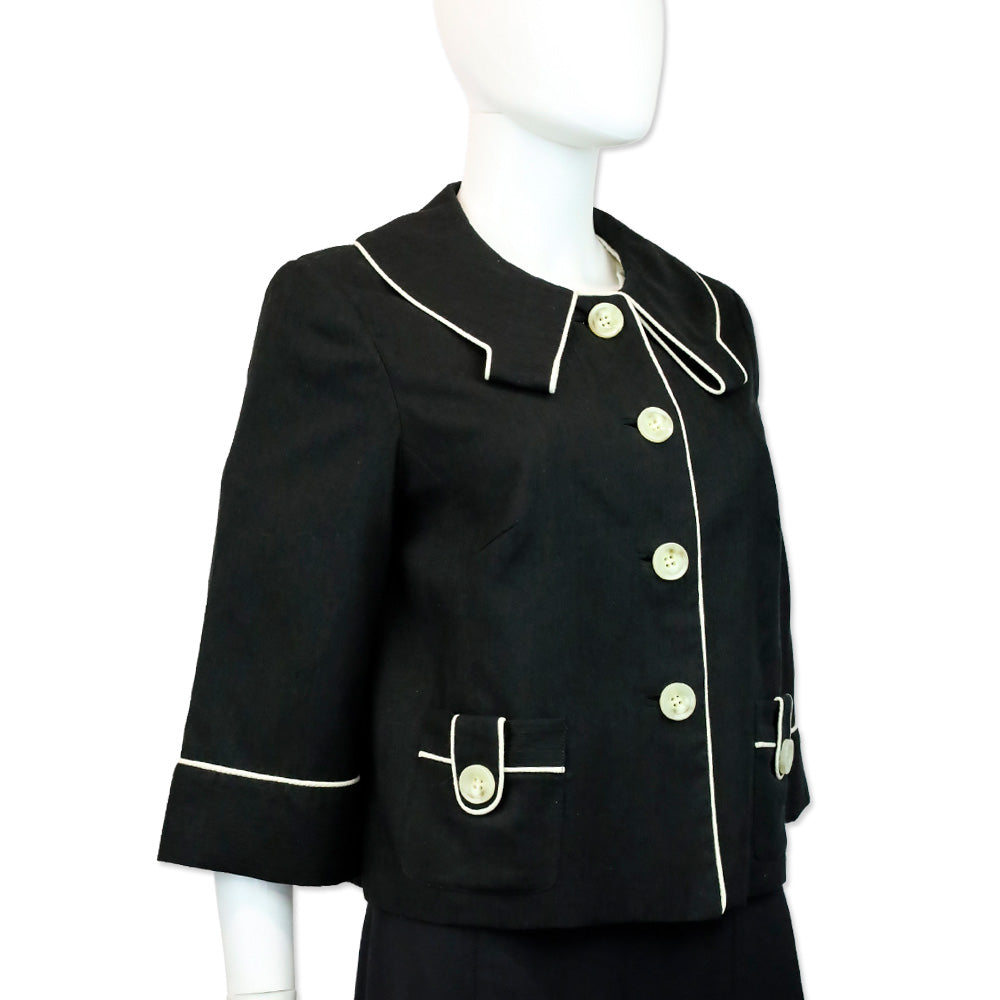 Milly Black Silk White Piping Trim Button Cropped Jacket