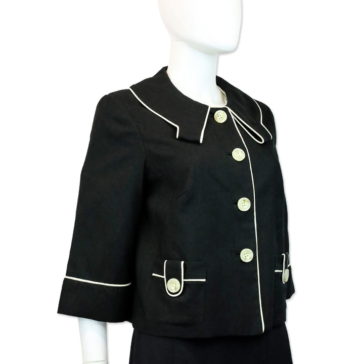 Milly Black Silk White Piping Trim Button Cropped Jacket