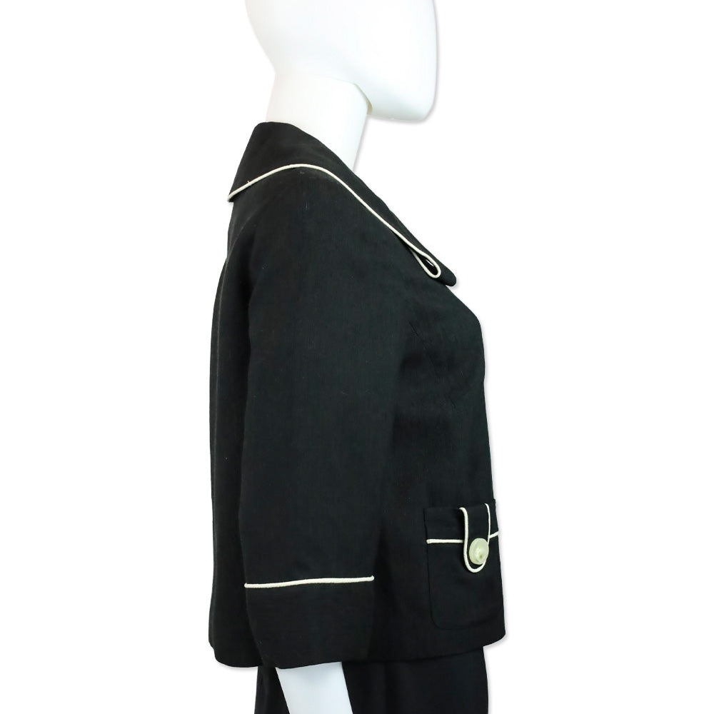 Milly Black Silk White Piping Trim Button Cropped Jacket