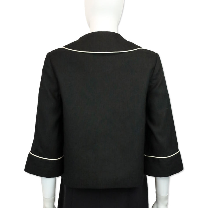Milly Black Silk White Piping Trim Button Cropped Jacket