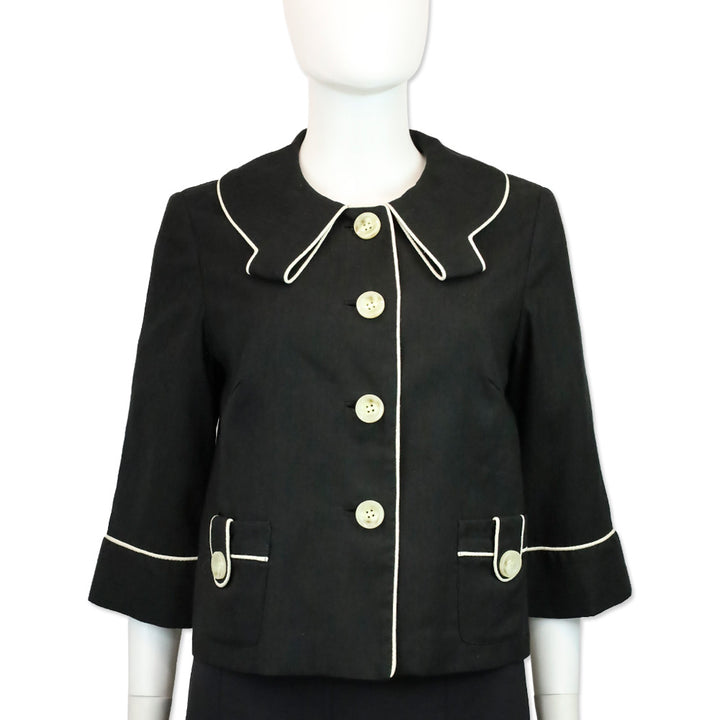 Milly Black Silk White Piping Trim Button Cropped Jacket