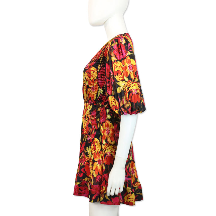 Milly Elle Watercolor Sunset Azalea Floral Puff Sleeve Pleated Mini Dress