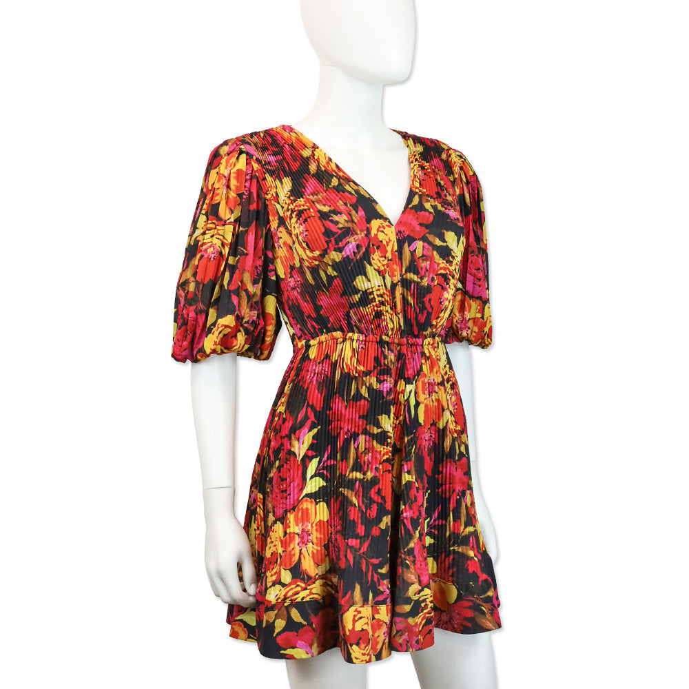 Milly Elle Watercolor Sunset Azalea Floral Puff Sleeve Pleated Mini Dress