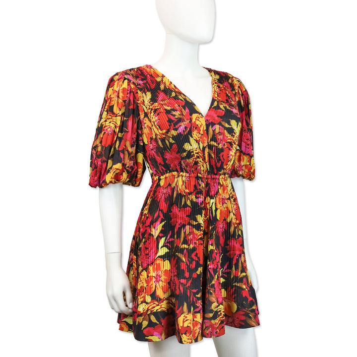 Milly Elle Watercolor Sunset Azalea Floral Puff Sleeve Pleated Mini Dress