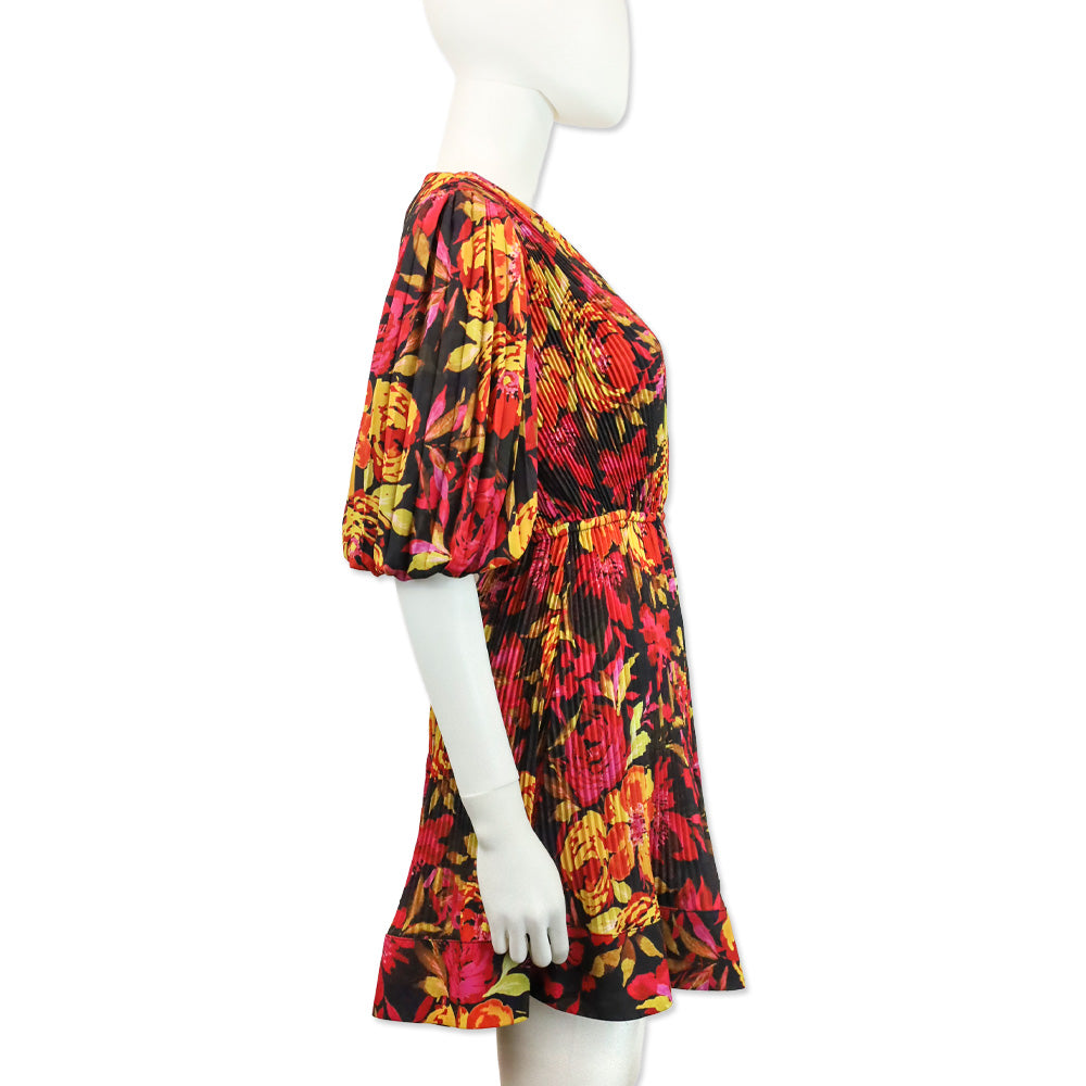 Milly Elle Watercolor Sunset Azalea Floral Puff Sleeve Pleated Mini Dress