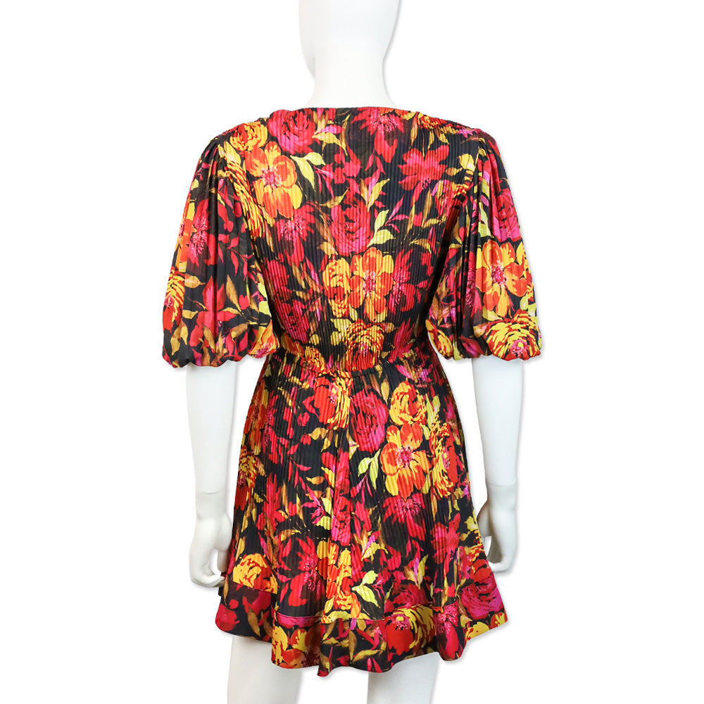 Milly Elle Watercolor Sunset Azalea Floral Puff Sleeve Pleated Mini Dress