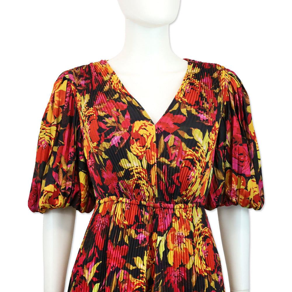 Milly Elle Watercolor Sunset Azalea Floral Puff Sleeve Pleated Mini Dress