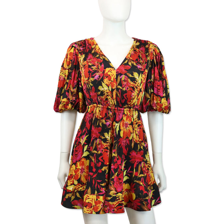Milly Elle Watercolor Sunset Azalea Floral Puff Sleeve Pleated Mini Dress