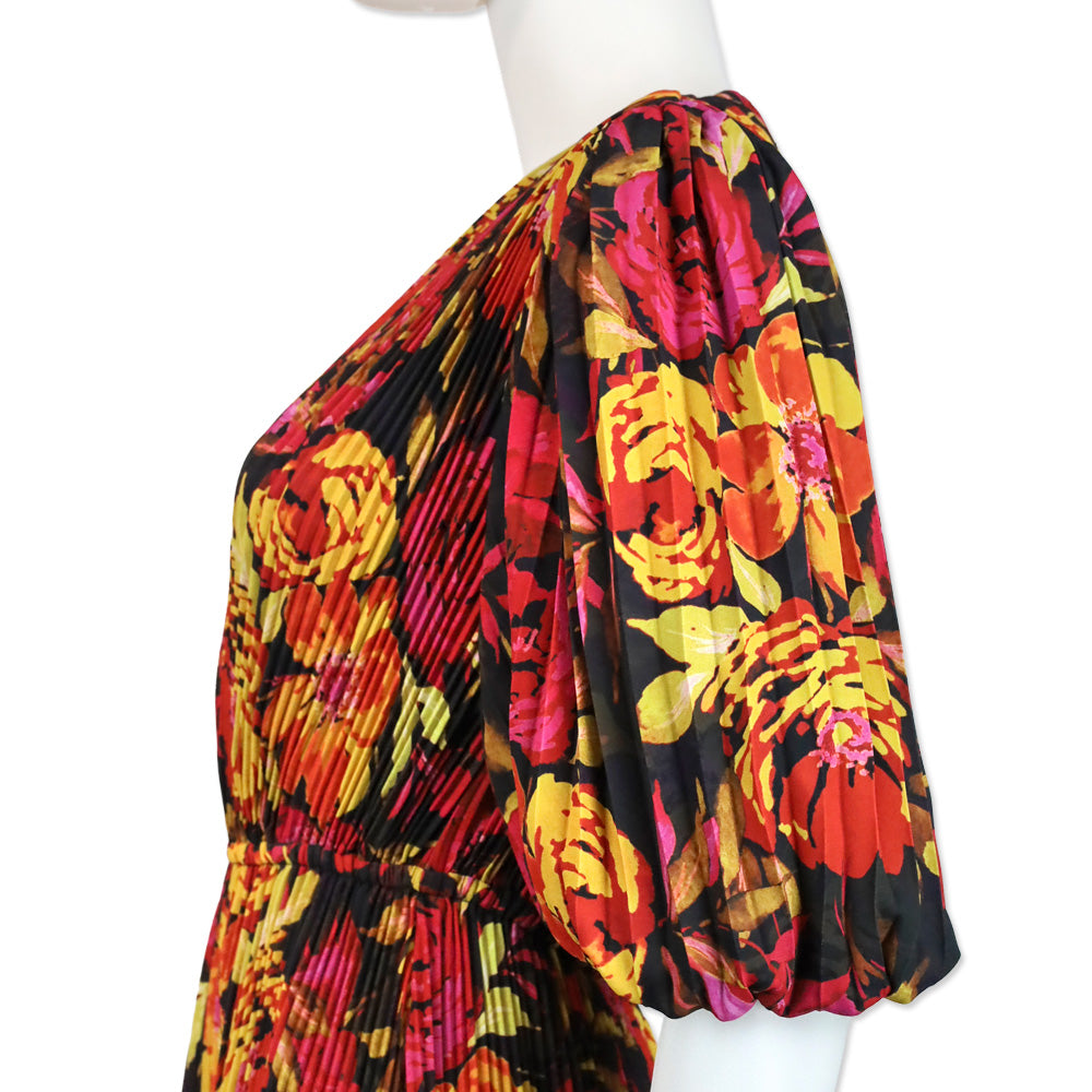 Milly Elle Watercolor Sunset Azalea Floral Puff Sleeve Pleated Mini Dress