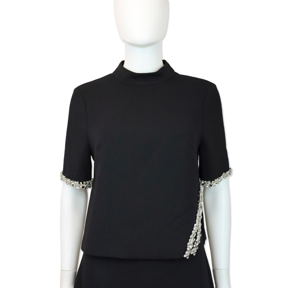 Milly Rayna Black Embellished Crepe Mock Turtleneck Top