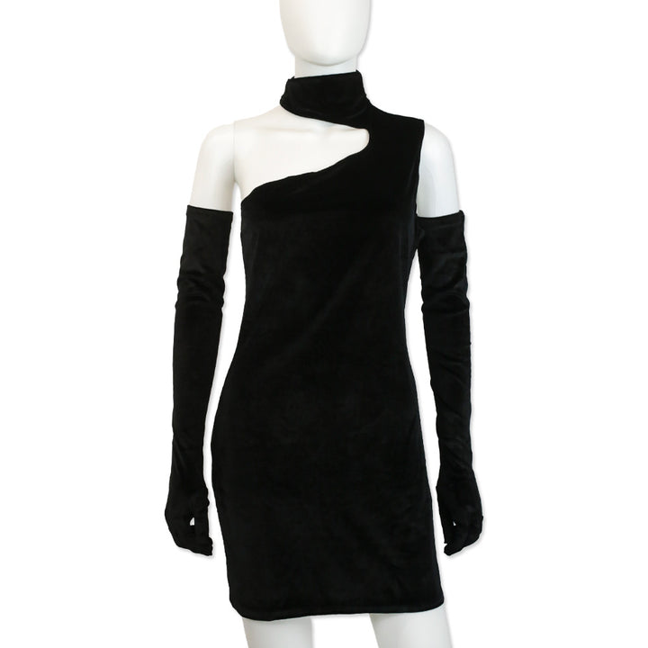 Miscreants Black Velvet Gina One Shoulder Mini Dress