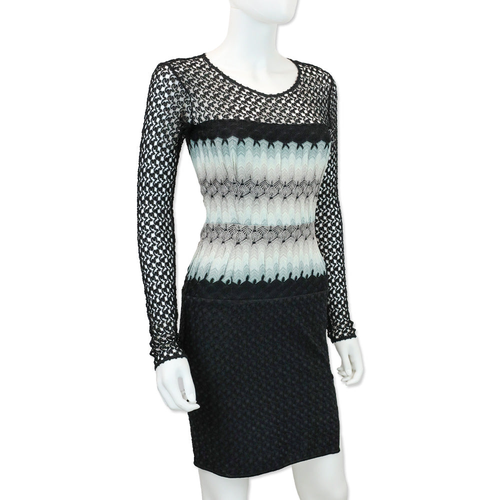 Missoni Black Rayon Crochet Knit Ombré Waist Long Sleeve Dress