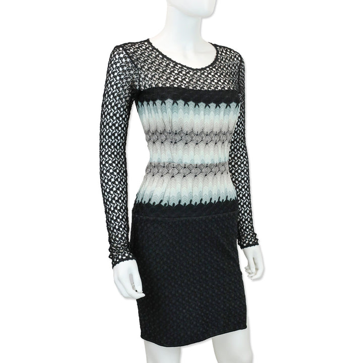 Missoni Black Rayon Crochet Knit Ombré Waist Long Sleeve Dress