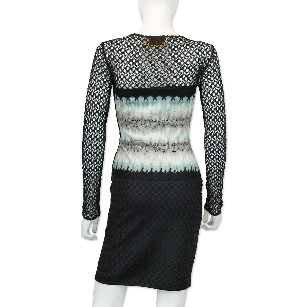 Missoni Black Rayon Crochet Knit Ombré Waist Long Sleeve Dress