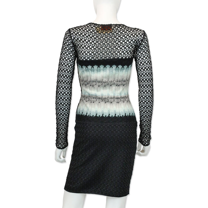 Missoni Black Rayon Crochet Knit Ombré Waist Long Sleeve Dress