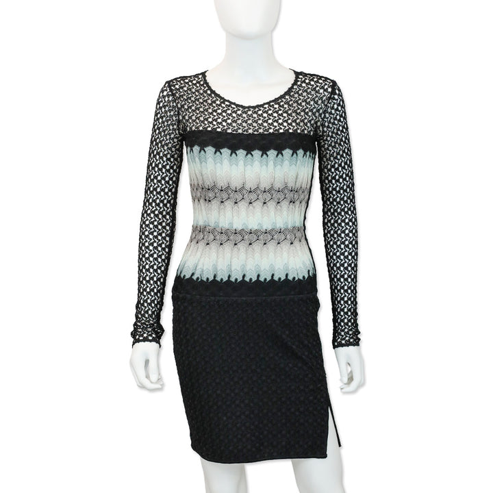 Missoni Black Rayon Crochet Knit Ombré Waist Long Sleeve Dress