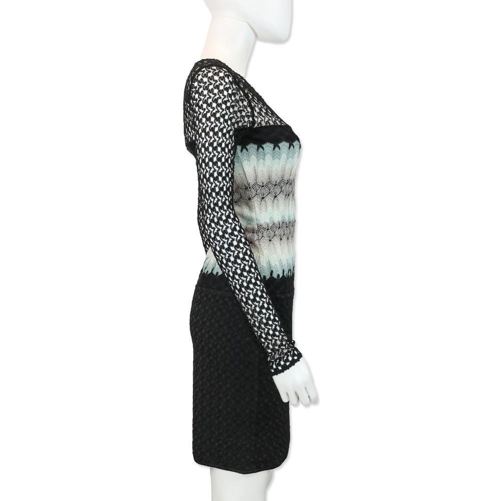 Missoni Black Rayon Crochet Knit Ombré Waist Long Sleeve Dress