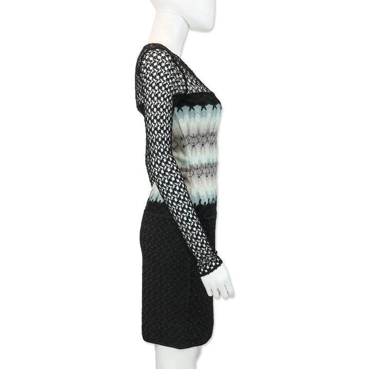 Missoni Black Rayon Crochet Knit Ombré Waist Long Sleeve Dress