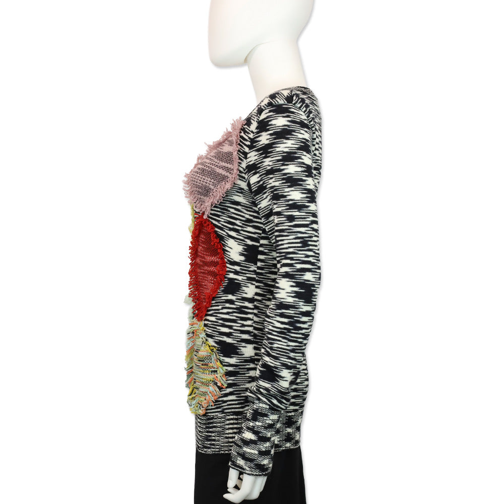 Missoni Black/White Squiggle Wool Knit Multicolor Fringe Diamond Sweater