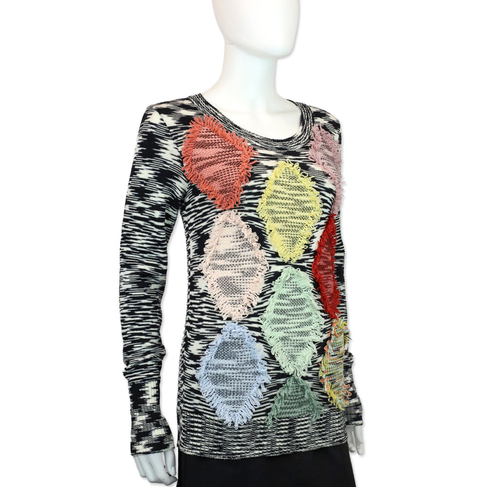 Missoni Black/White Squiggle Wool Knit Multicolor Fringe Diamond Sweater