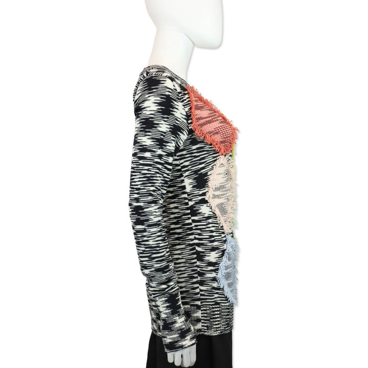 Missoni Black/White Squiggle Wool Knit Multicolor Fringe Diamond Sweater