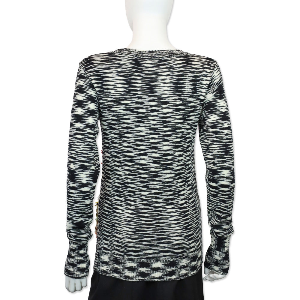Missoni Black/White Squiggle Wool Knit Multicolor Fringe Diamond Sweater