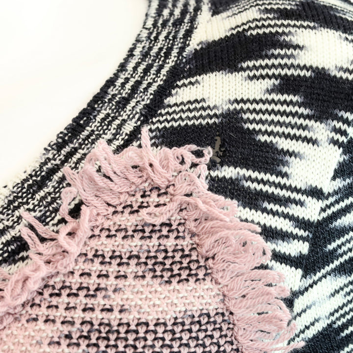 Missoni Black/White Squiggle Wool Knit Multicolor Fringe Diamond Sweater