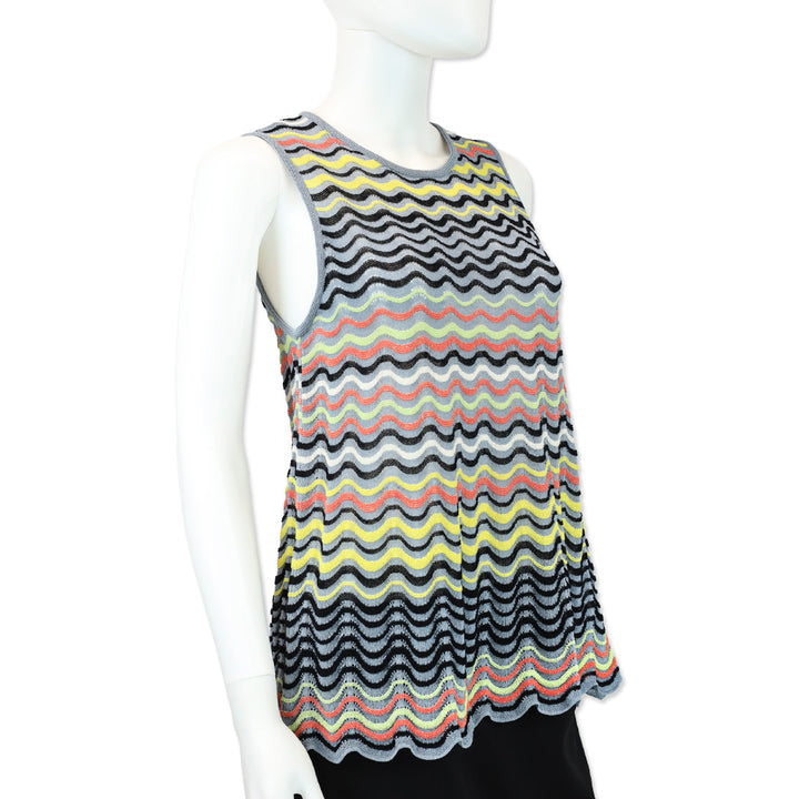 Missoni Blue Multi Wave Lamé Cotton Blend Knit Sleeveless Top