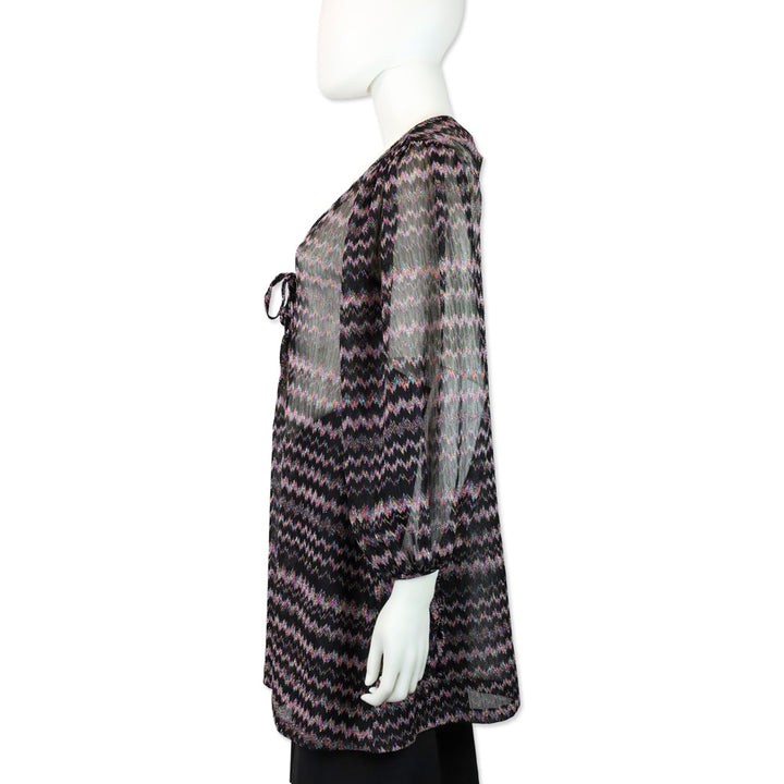 Missoni Mare Black Multi Metallic Zig Zag Knit Long Sleeve V-Neck Cover Up
