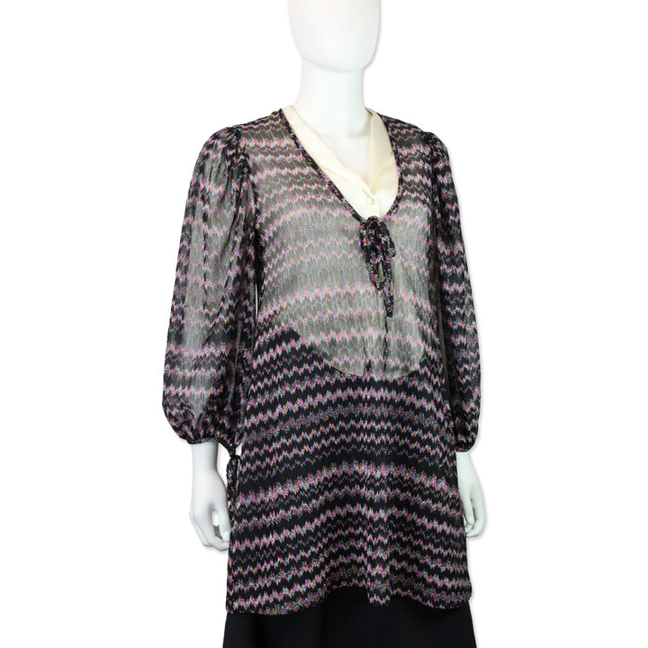 Missoni Mare Black Multi Metallic Zig Zag Knit Long Sleeve V-Neck Cover Up