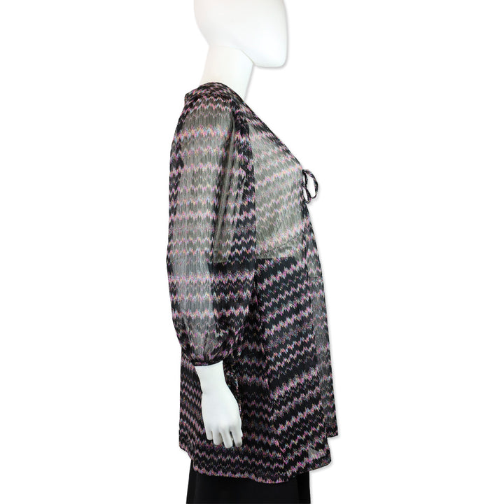 Missoni Mare Black Multi Metallic Zig Zag Knit Long Sleeve V-Neck Cover Up