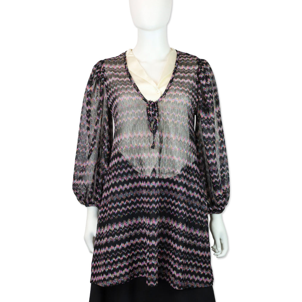 Missoni Mare Black Multi Metallic Zig Zag Knit Long Sleeve V-Neck Cover Up