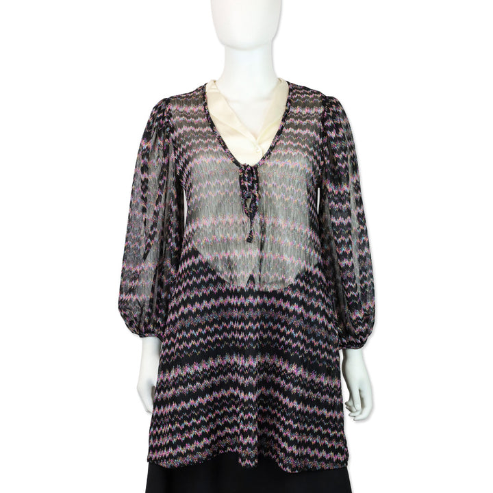 Missoni Mare Black Multi Metallic Zig Zag Knit Long Sleeve V-Neck Cover Up