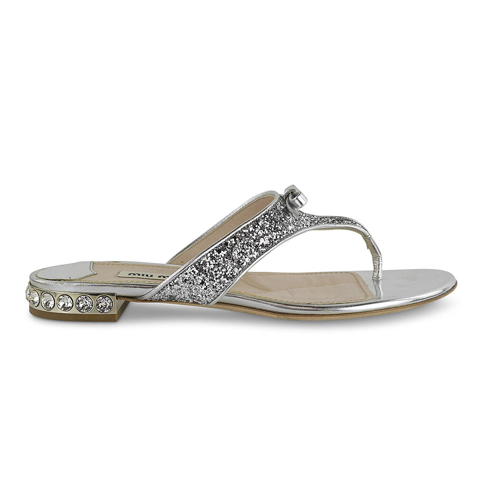 Miu Miu Silver Glitter Bow Sandals
