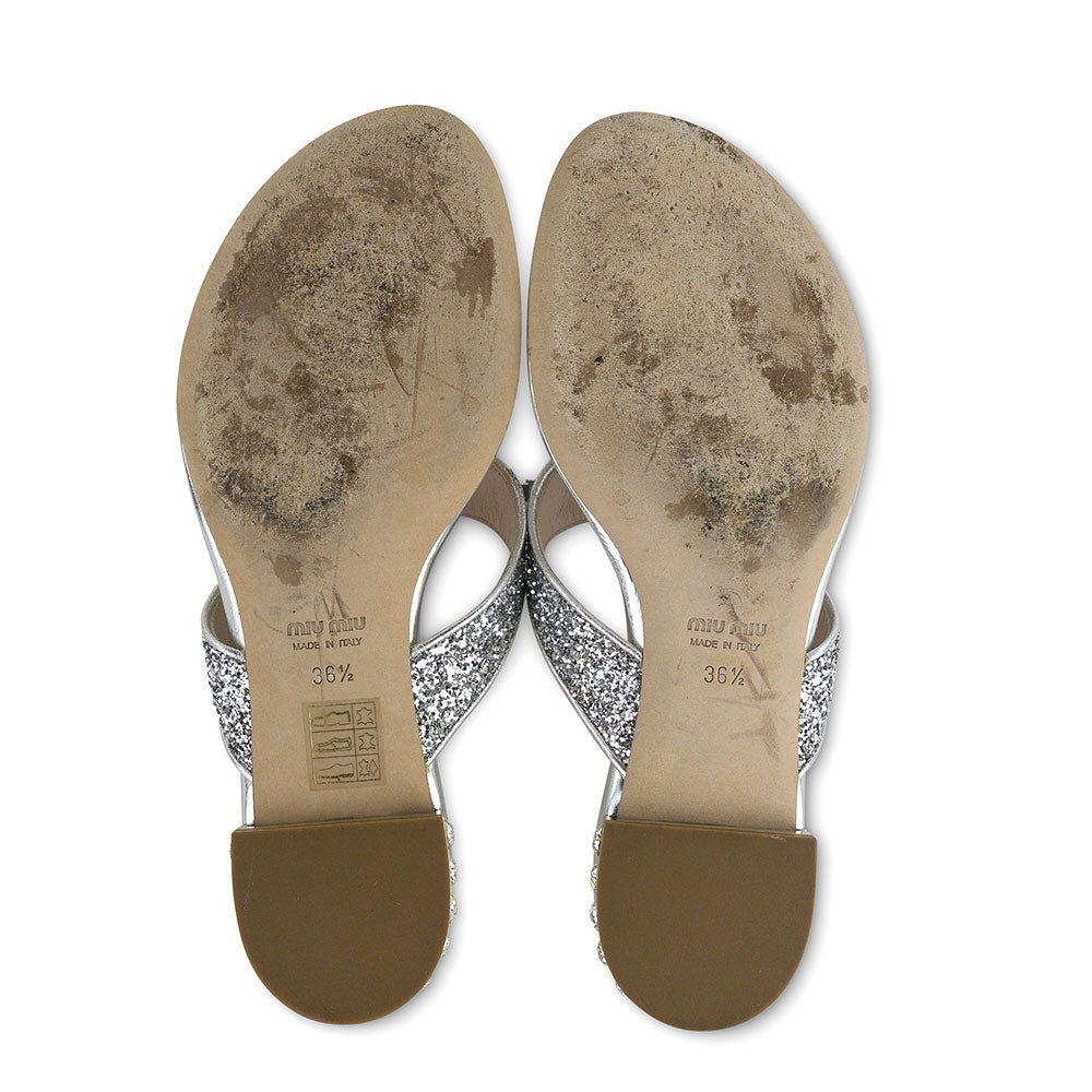 Miu Miu Silver Glitter Bow Sandals