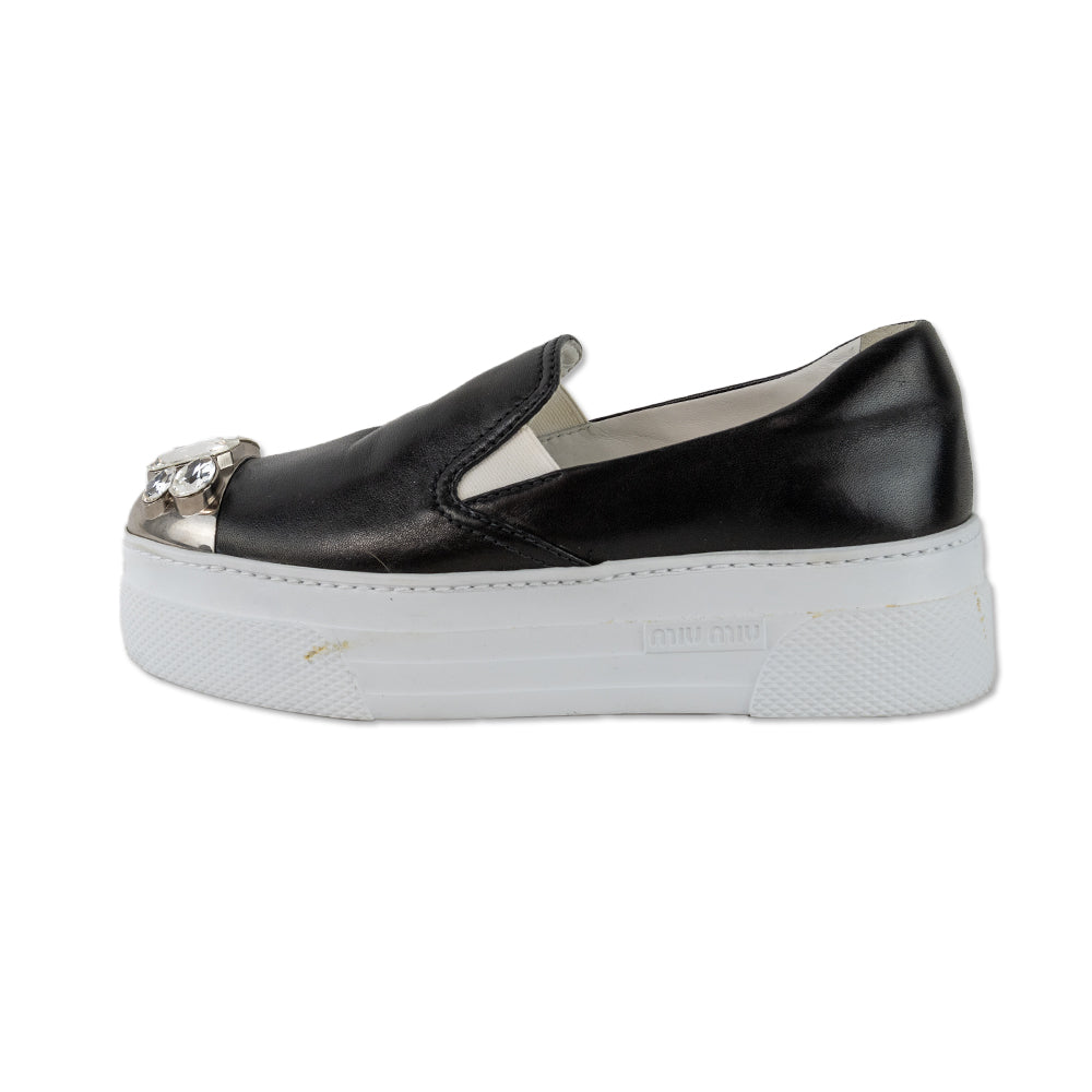 Miu Miu Black Leather Crystal Silver Cap Toe Slip On Sneakers