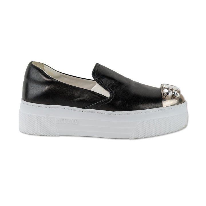 Miu Miu Black Leather Crystal Silver Cap Toe Slip On Sneakers