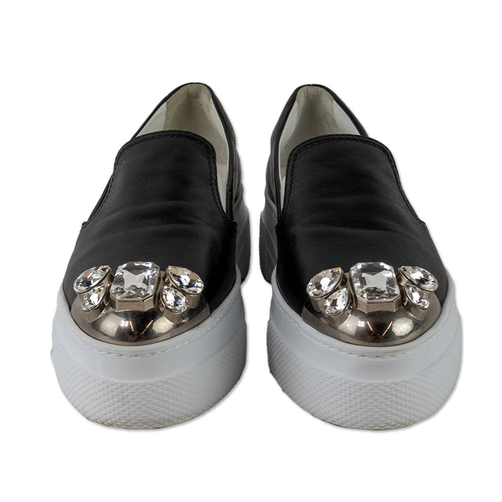 Miu Miu Black Leather Crystal Silver Cap Toe Slip On Sneakers