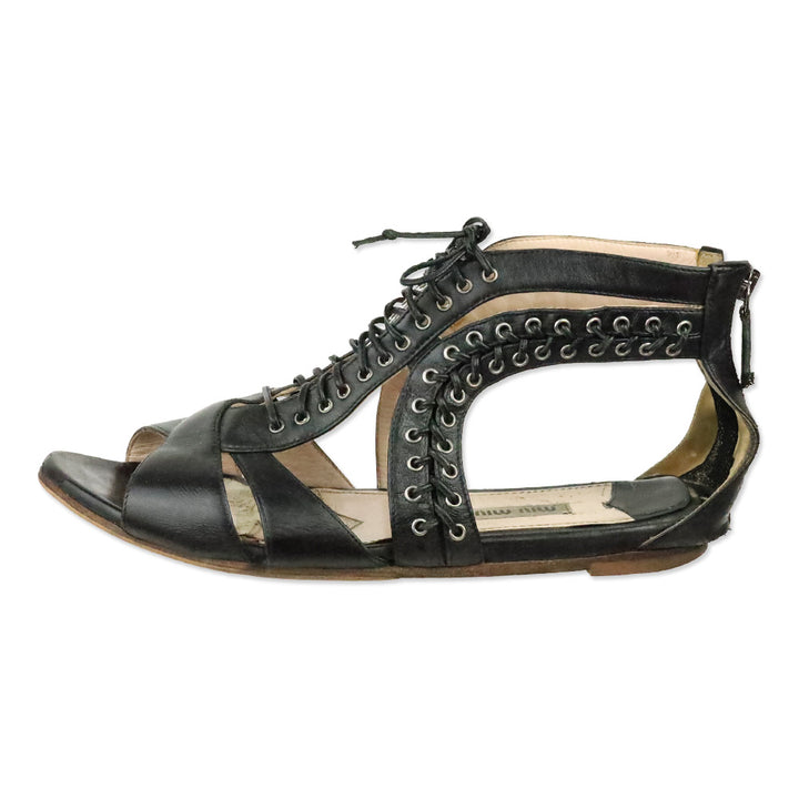 Miu Miu Black Leather Grommet Lace-Up Front Flat Sandals