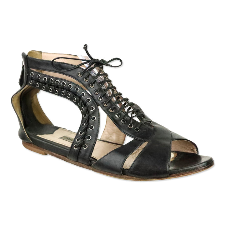 Miu Miu Black Leather Grommet Lace-Up Front Flat Sandals