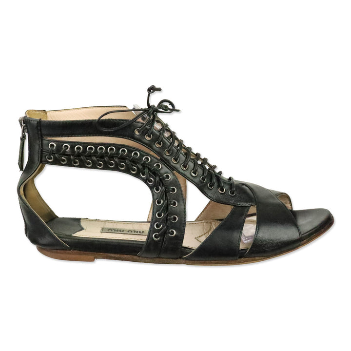 Miu Miu Black Leather Grommet Lace-Up Front Flat Sandals